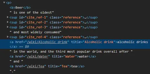 Developer tools highlighting a link element inside a paragraph on the Wikipedia Beer page