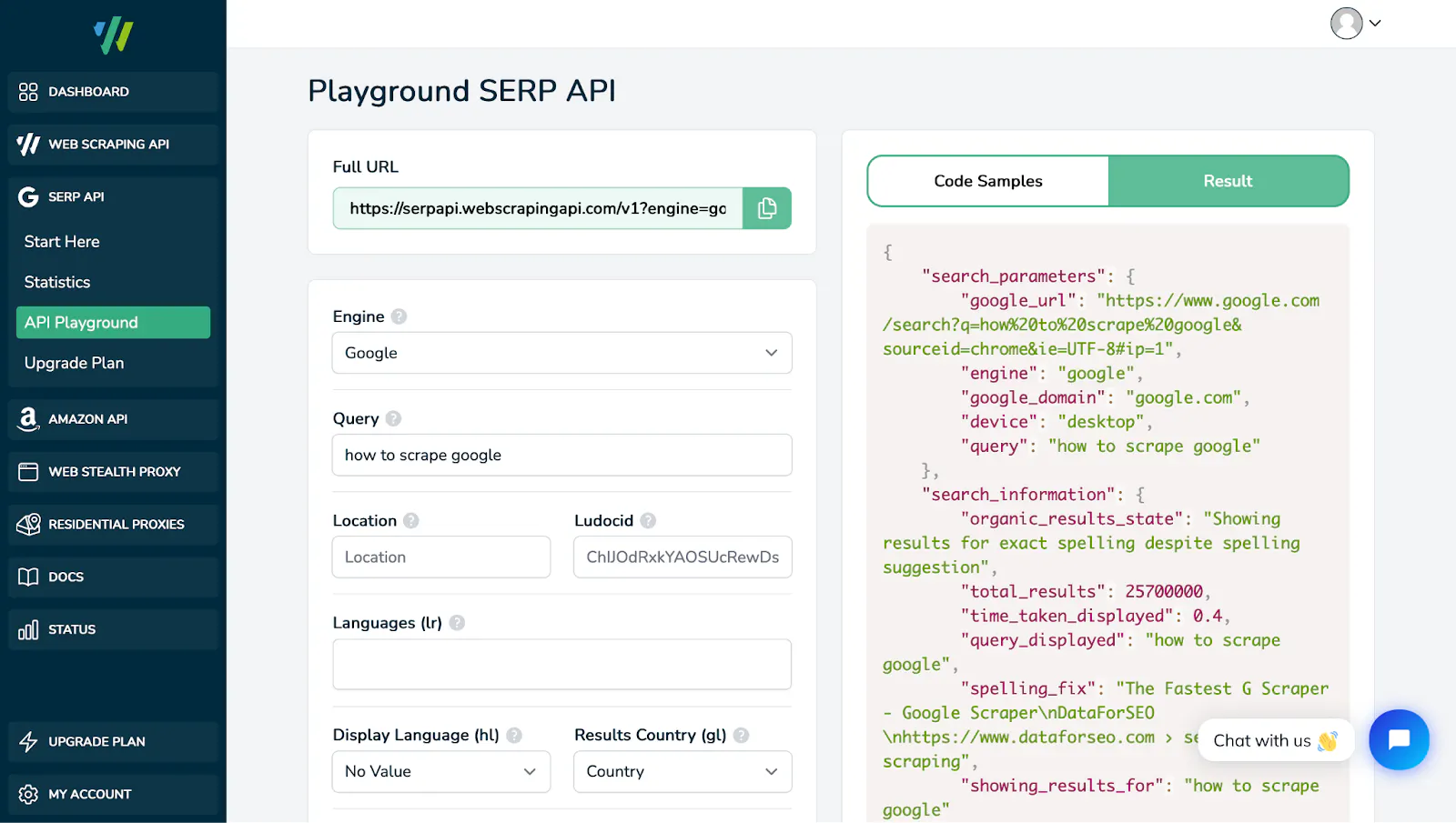 SERP API playground showing a Google search query form and a JSON result preview with search parameters and metadata