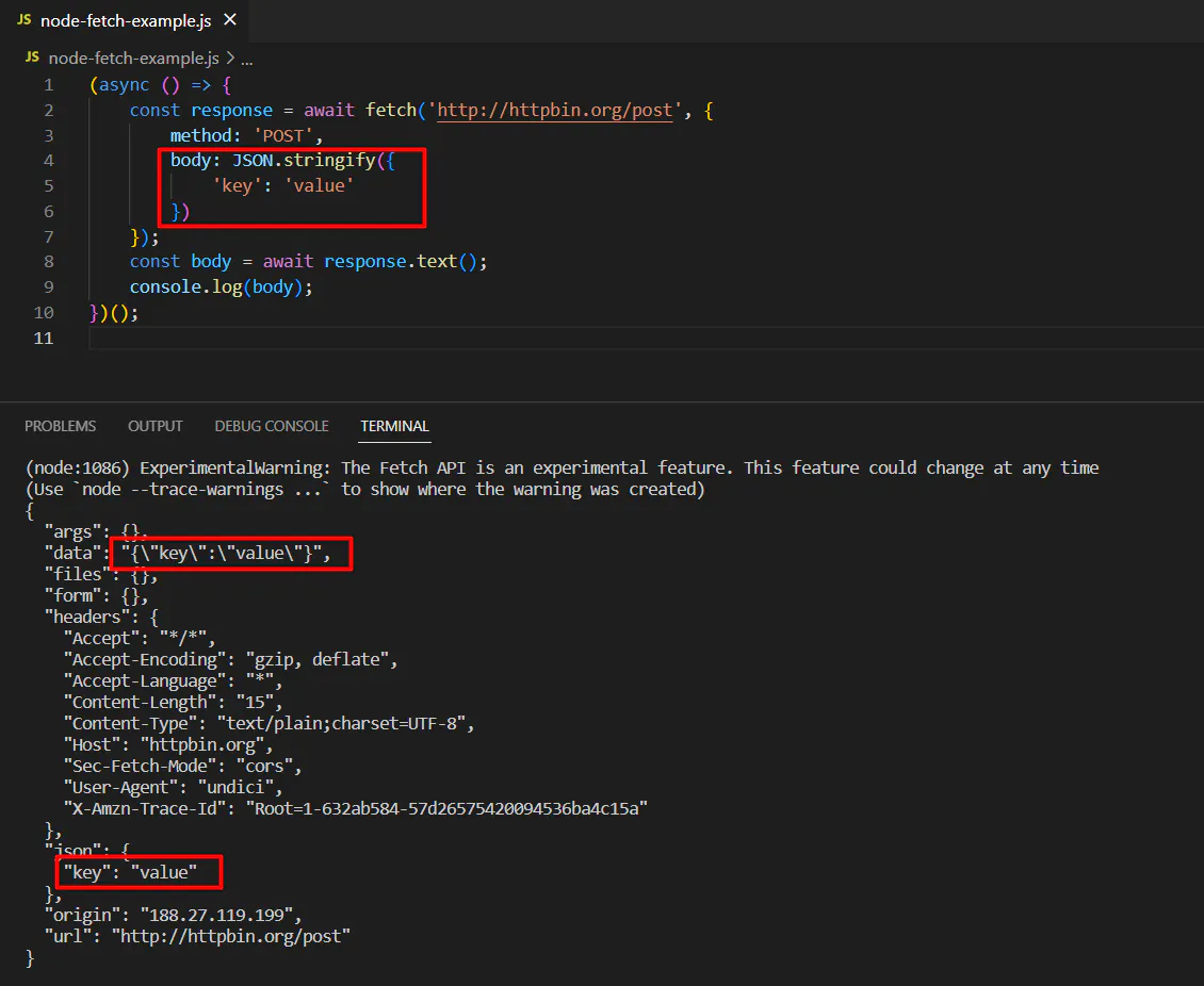 Code example sending a POST request with JSON and terminal output showing the echoed JSON response