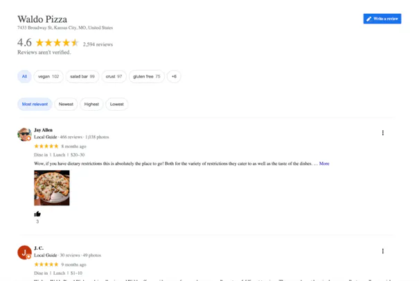 Google Maps business reviews view showing a restaurant rating and a list of user reviews with photos and star ratings