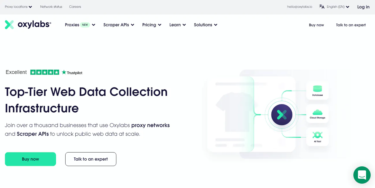 Oxylabs landing page screenshot describing web data collection infrastructure for proxies and scraper APIs