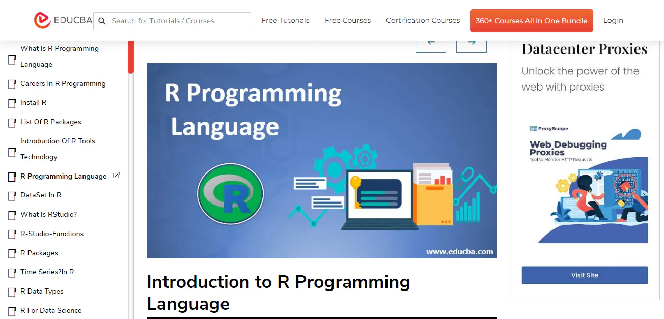 Tutorial page screenshot about R programming language with an illustration and a navigation sidebar