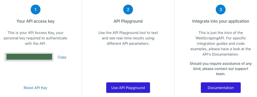 Three-step onboarding panel showing API access key, API playground link, and integration and documentation steps