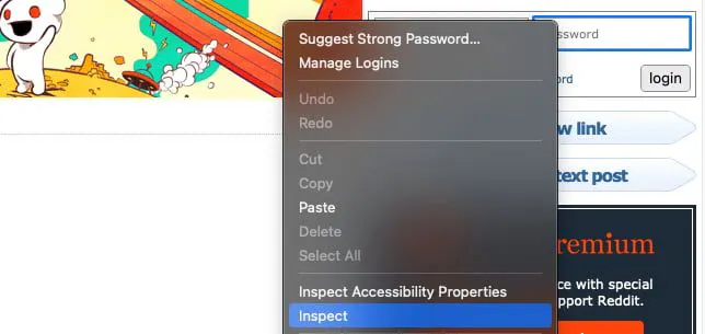 Right-click menu on a web page with Inspect highlighted to open developer tools