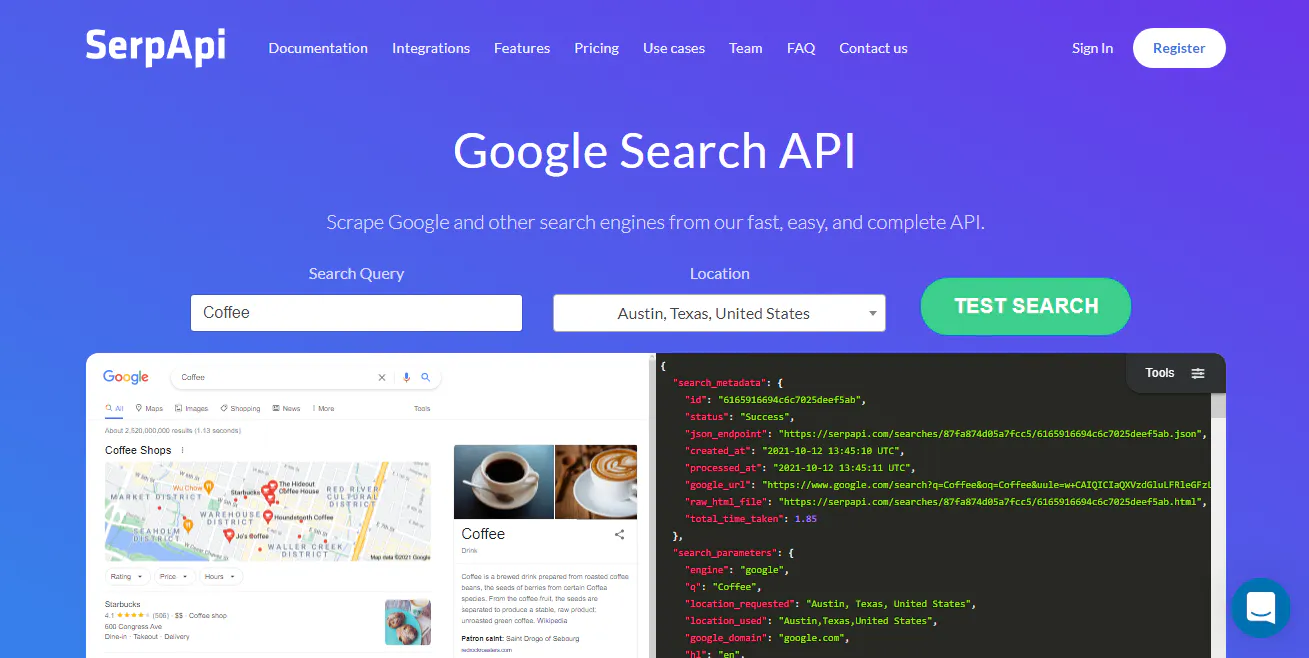 SerpApi Google Search API landing page showing a coffee search example and JSON results