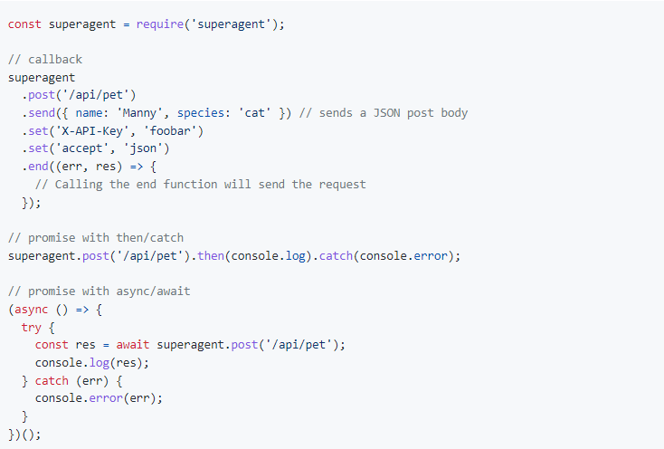 SuperAgent HTTP request examples in Node.js using callbacks, promises, and async/await