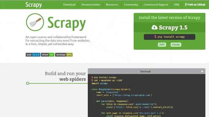 Scrapy project homepage screenshot with installation options and a sample spider code block