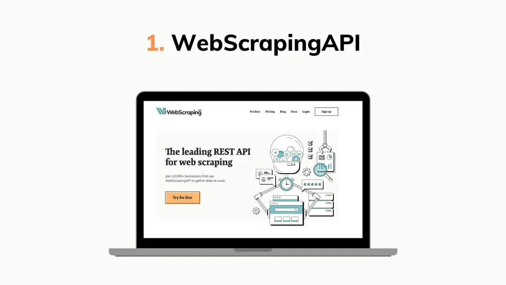Graphic highlighting WebScrapingAPI, showing a laptop mockup with a web scraping API landing page