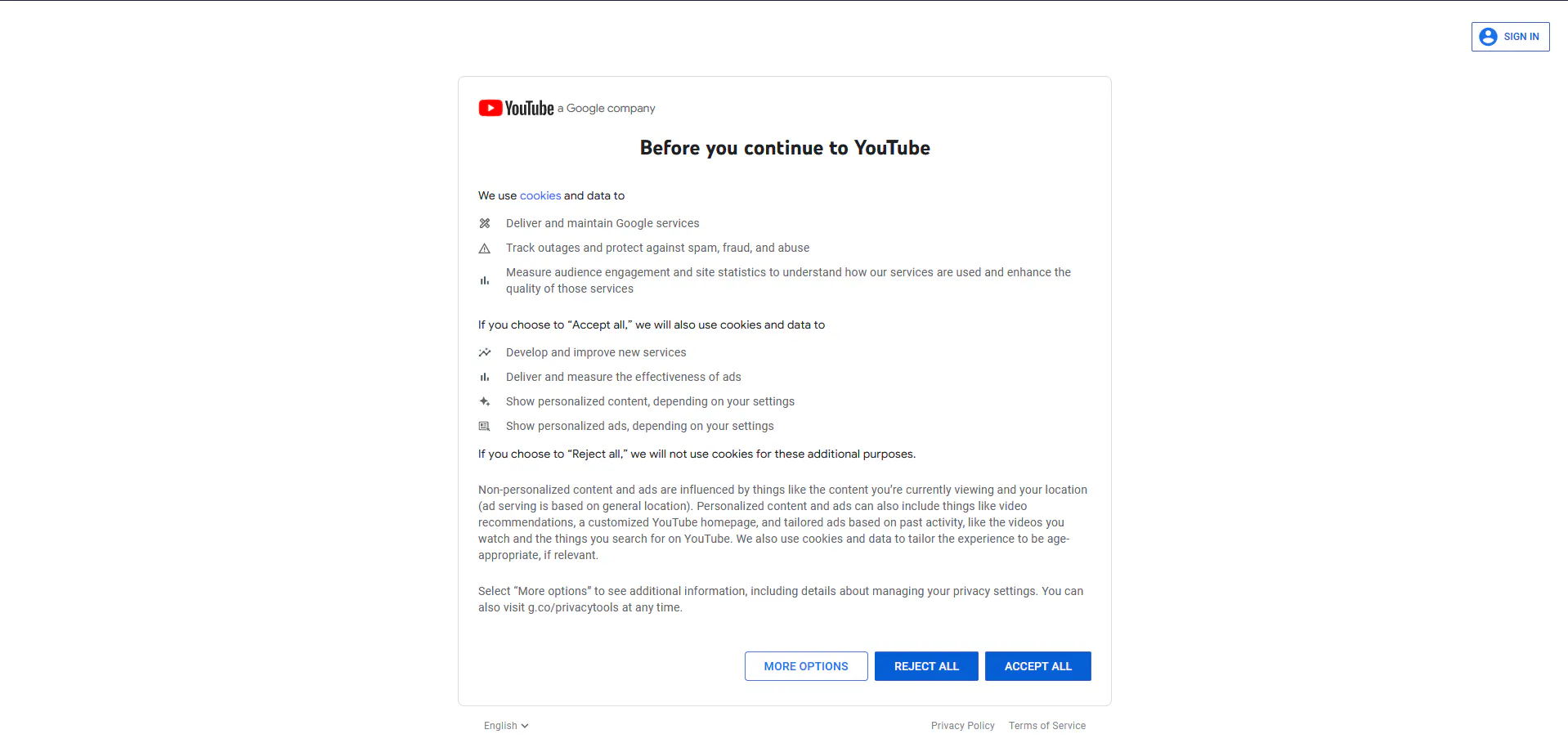 YouTube cookie consent page with buttons to accept or reject all
