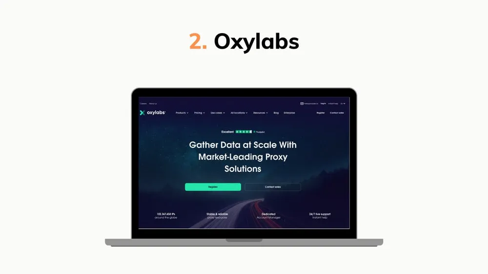 Graphic showing a laptop mockup with the Oxylabs proxy solutions landing page