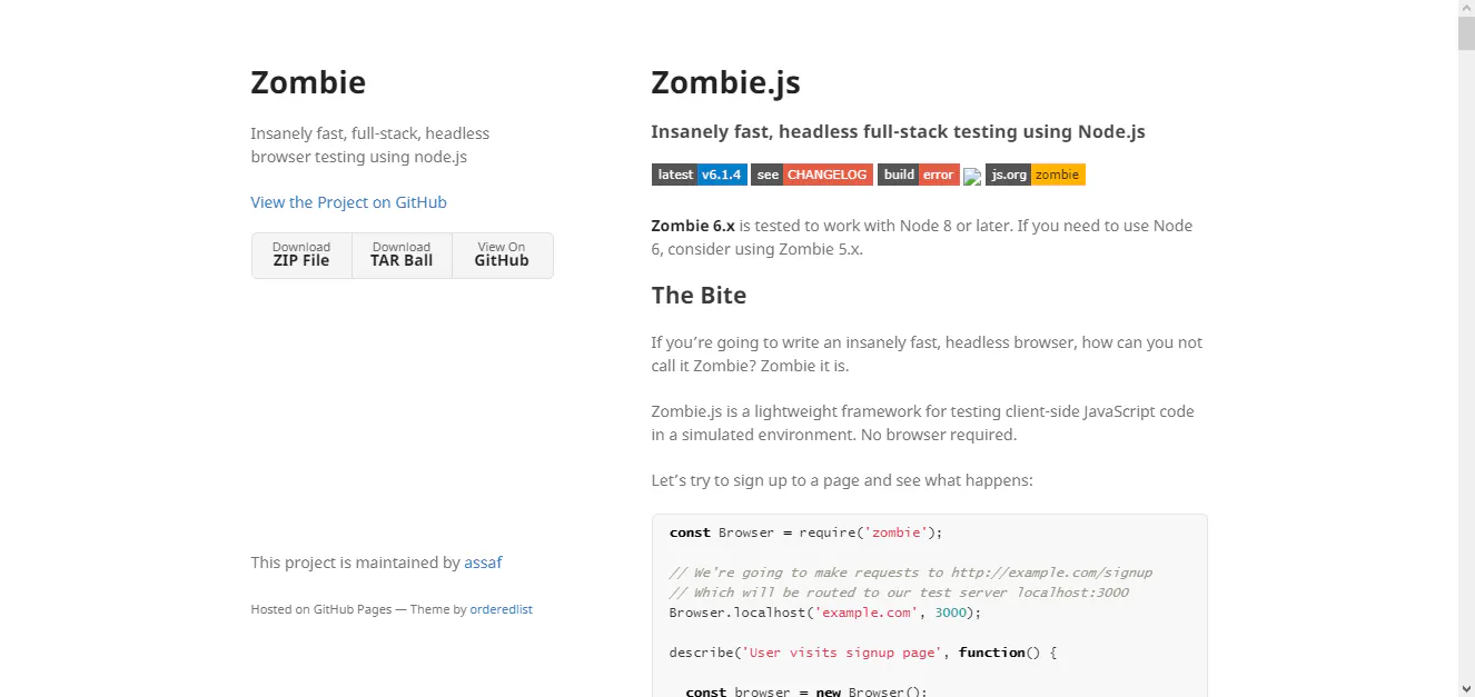 Zombie.js website screenshot describing a headless browser testing framework with a sample code block