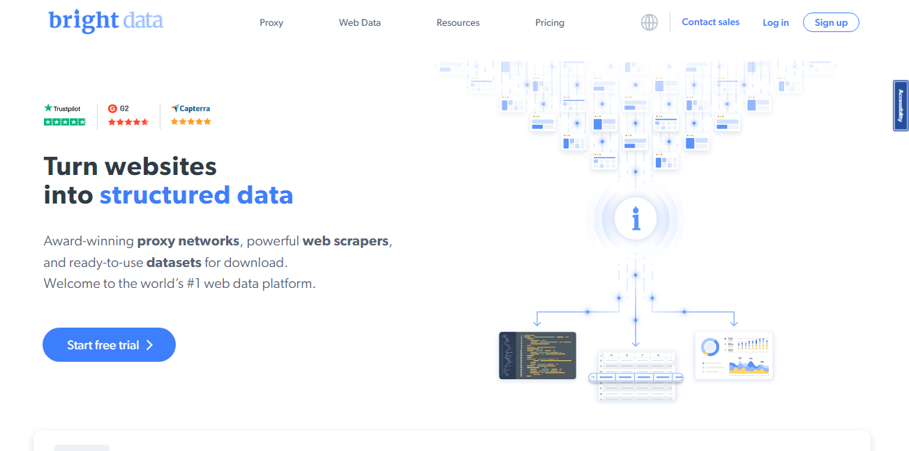 Bright Data landing page screenshot about turning websites into structured data with a start free trial button