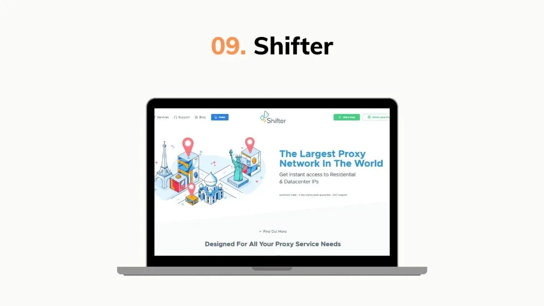 Slide graphic labeled Shifter with a laptop showing a proxy network landing page
