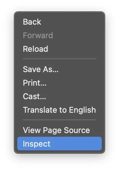Browser context menu with the Inspect option highlighted