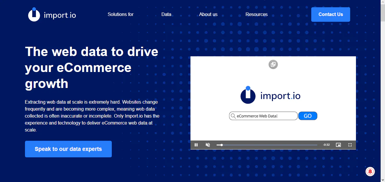 Import.io landing page screenshot about driving ecommerce growth with web data and a video player