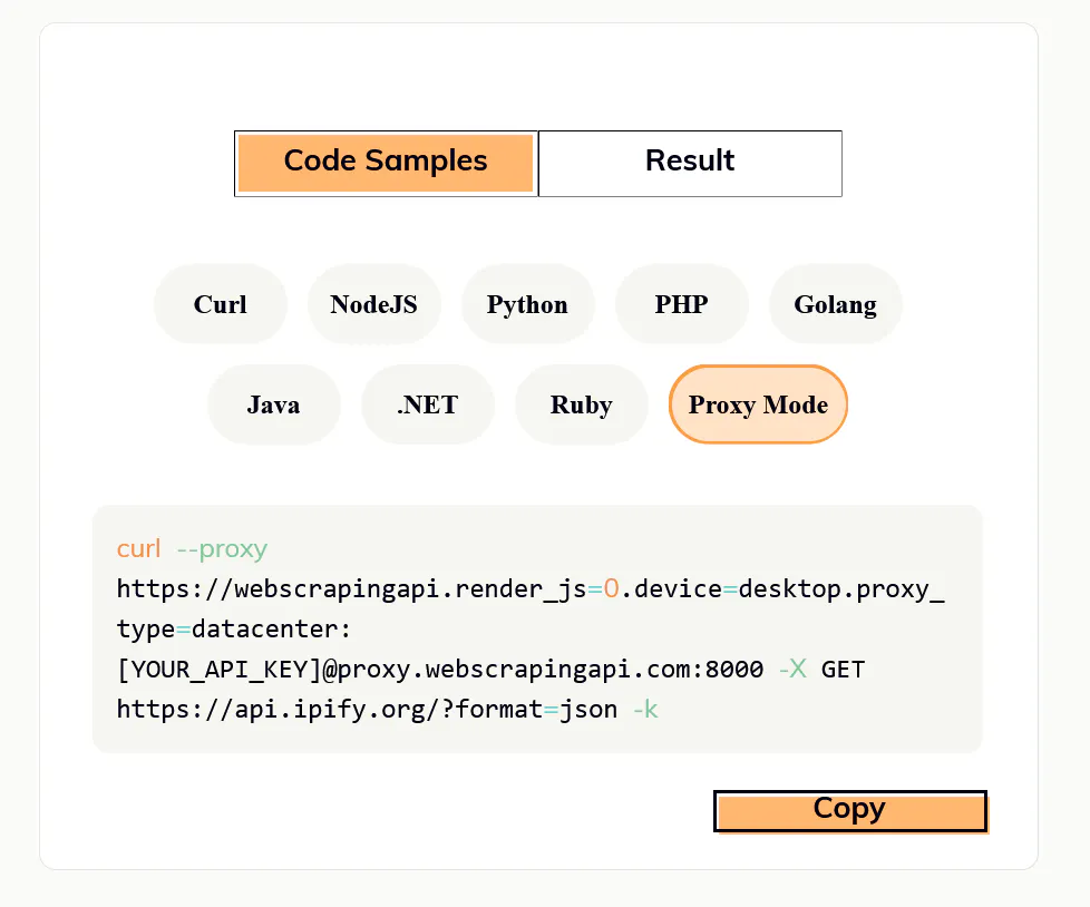 WebScrapingAPI code samples panel showing a curl proxy request example with a Copy button