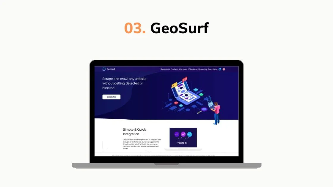 GeoSurf website screenshot on a laptop promoting scraping and crawling without getting detected