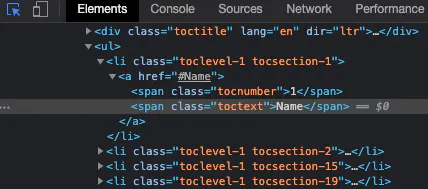 Chrome DevTools Elements panel showing HTML for a table of contents list item