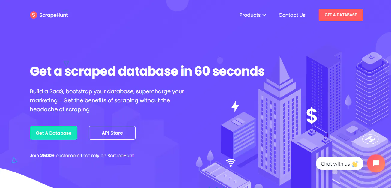 ScrapeHunt landing page screenshot offering a scraped database with a city illustration on a purple background