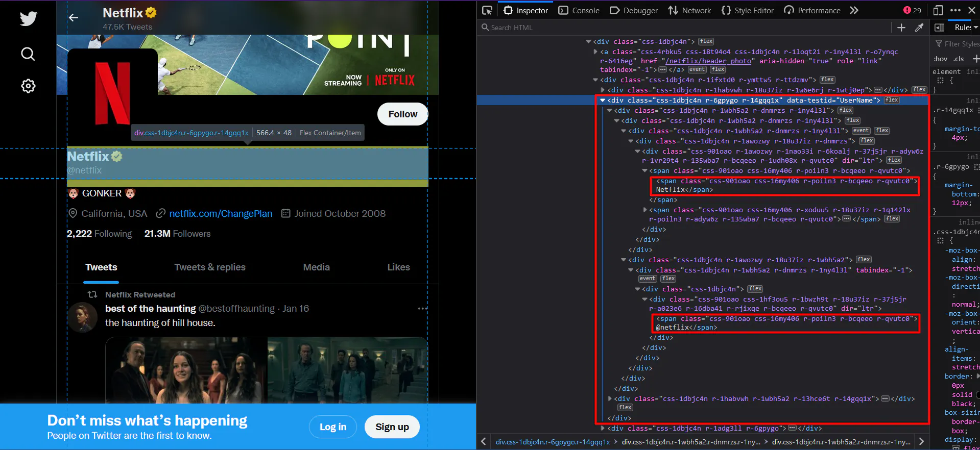 Twitter profile page with browser devtools highlighting the HTML for the account name and handle