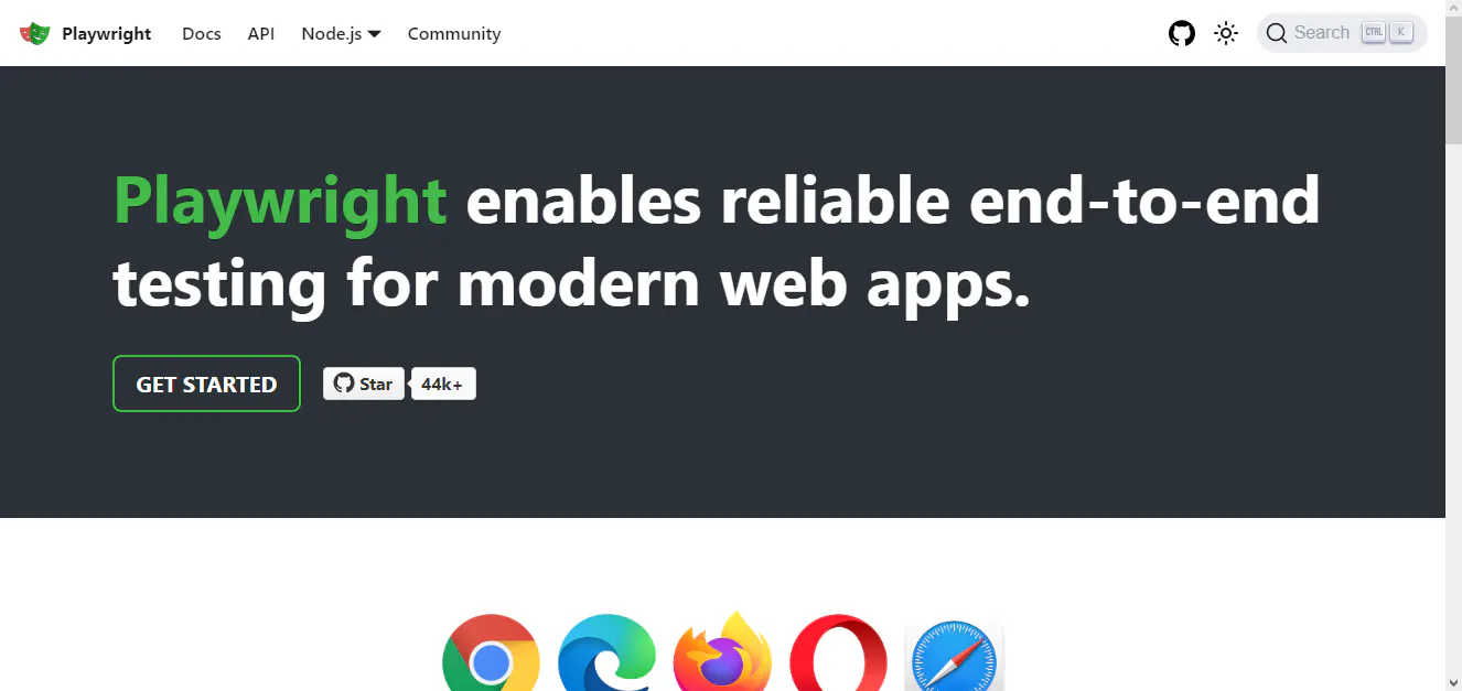 Playwright website hero describing end-to-end testing for modern web apps, with a Get started button