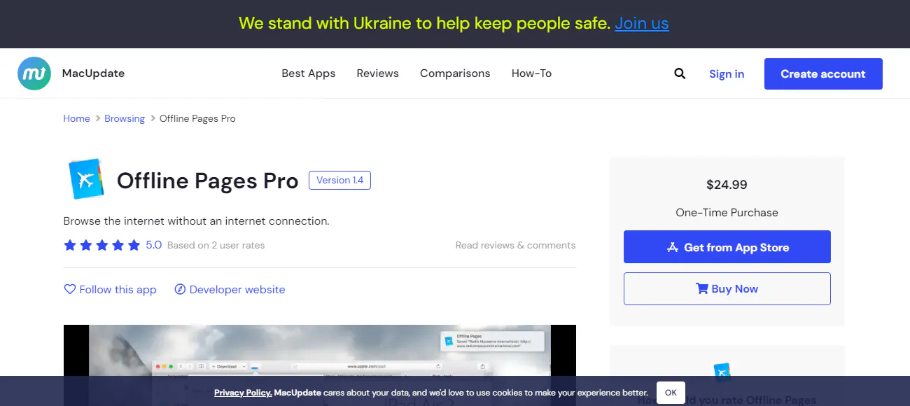 MacUpdate listing for Offline Pages Pro with price and purchase buttons