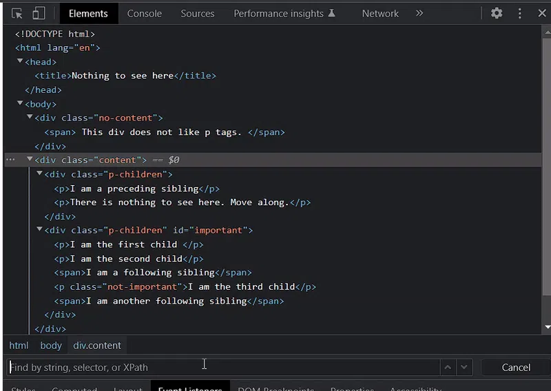 DevTools displaying sibling elements in the DOM with the XPath search field visible