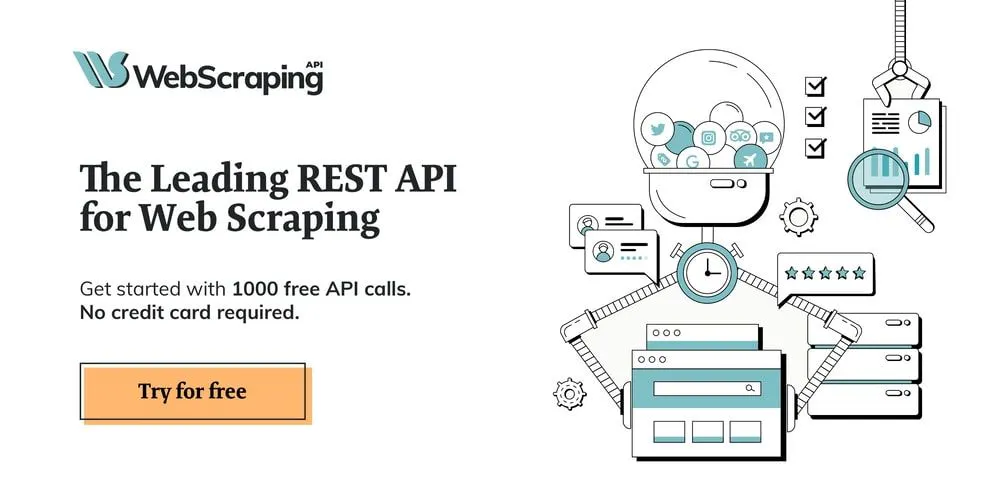 Illustration promoting a REST API for web scraping, with a robot and extracted data icons