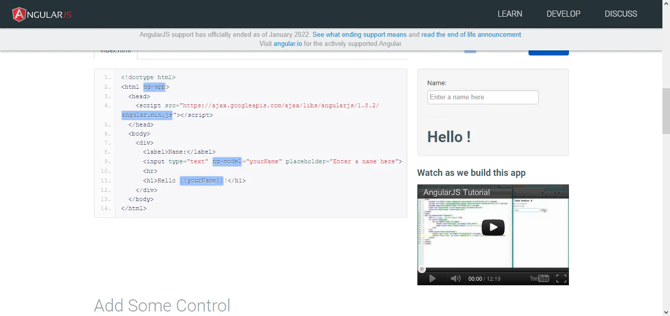 AngularJS tutorial page showing example code and a live preview form