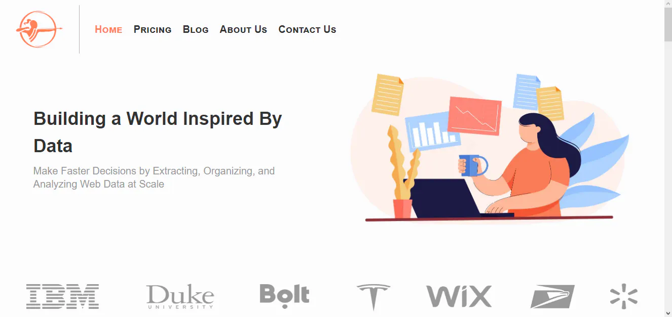 Datamam homepage about extracting and analyzing web data at scale, with an illustration of a person at a laptop