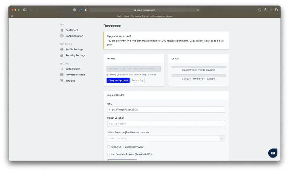 ProxyCrawl dashboard showing an API key, usage counters, and a request builder form