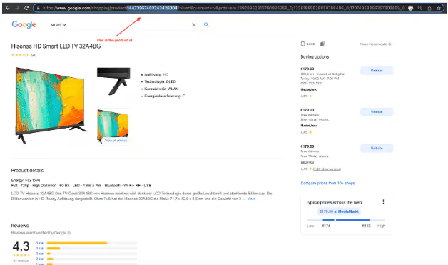 Google Shopping product page for a TV, with the product ID segment highlighted in the browser address bar