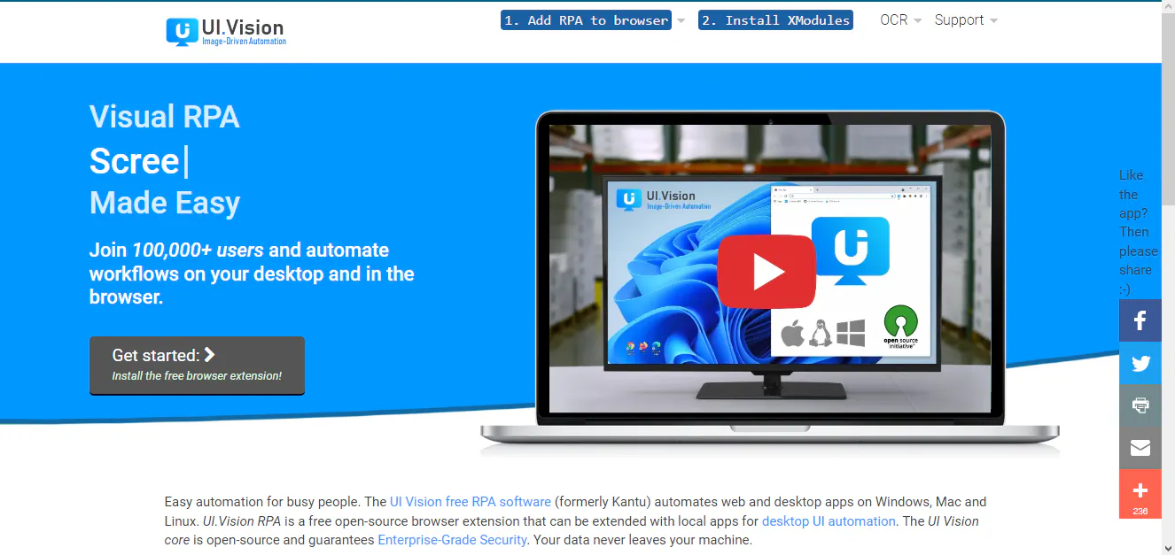 UI.Vision landing page screenshot promoting visual RPA automation in the browser with a video thumbnail