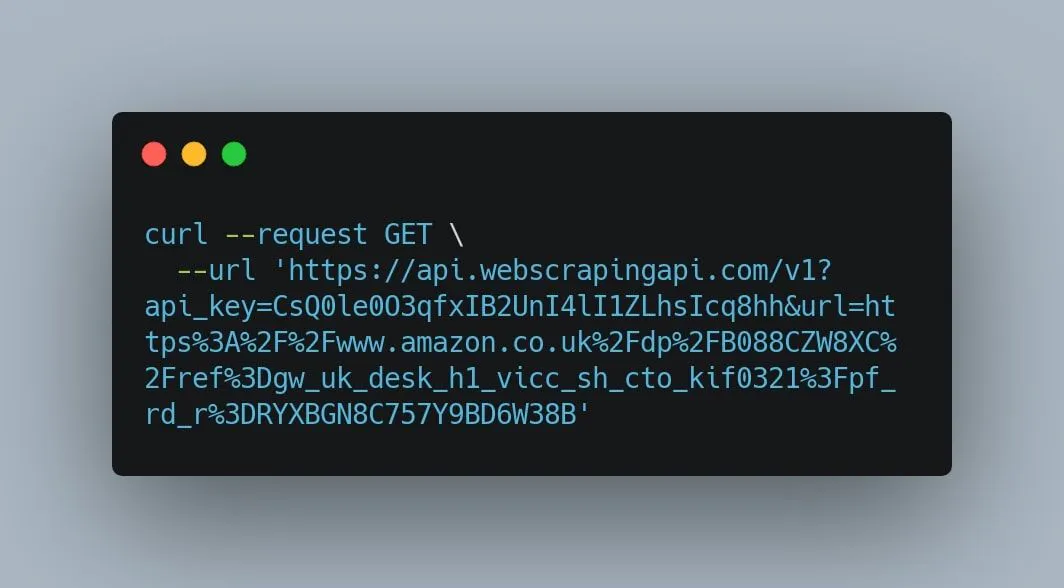 Terminal-style code block showing a curl GET request to the WebScrapingAPI endpoint with a target URL