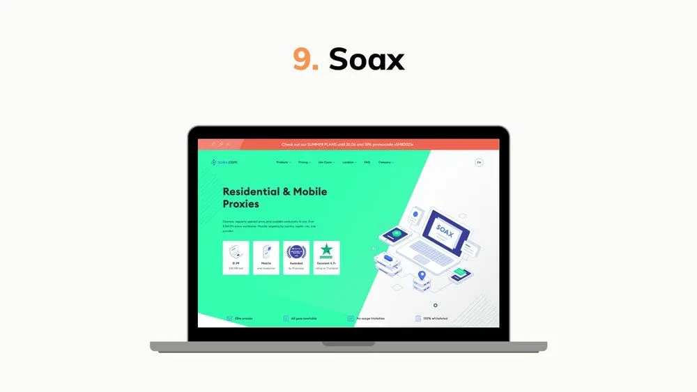 Graphic highlighting SOAX, showing a laptop mockup with a residential and mobile proxy provider website
