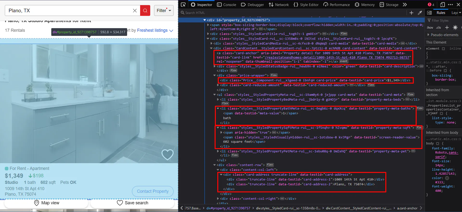 Apartment listing card next to browser inspector highlighting HTML selectors for price, baths, square feet, and address fields