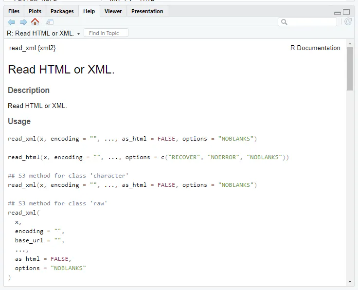 RStudio Help pane showing documentation for read_html and read_xml functions