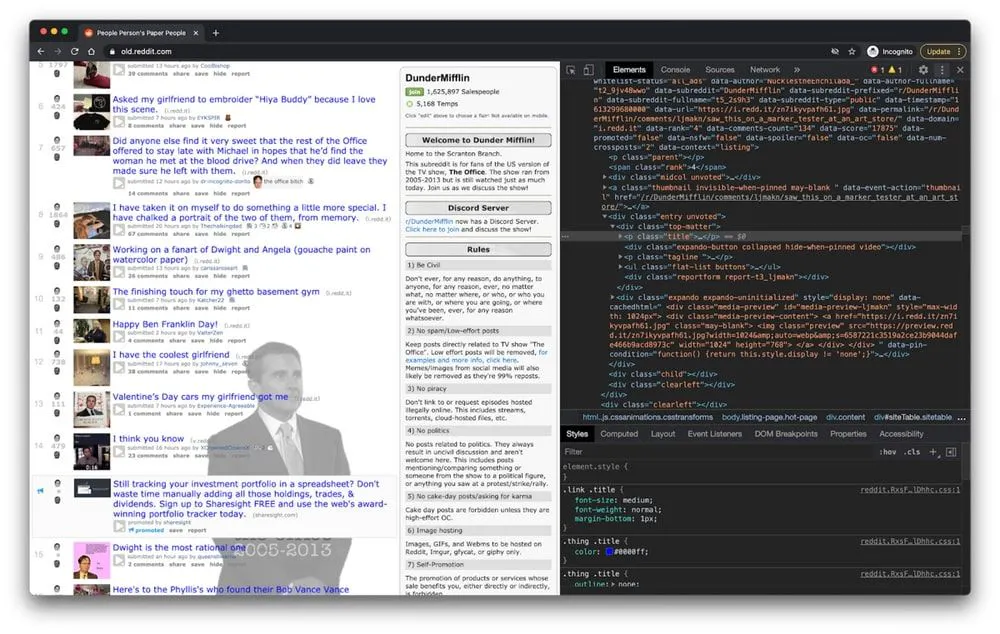 Old Reddit listing page with developer tools open inspecting HTML elements