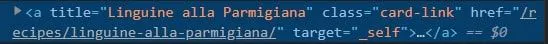 Highlighted HTML anchor tag for a recipe card link in the browser inspector