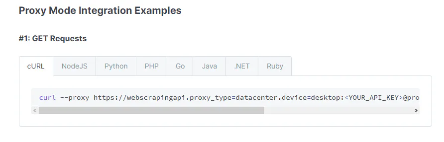 Documentation snippet showing a proxy-mode GET request example with language tabs