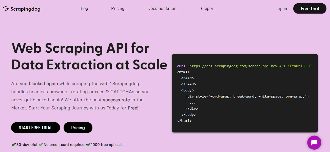 Scrapingdog landing page screenshot describing a web scraping API for data extraction at scale with a code example