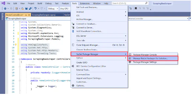Visual Studio code window with the Tools menu open to the NuGet package manager options