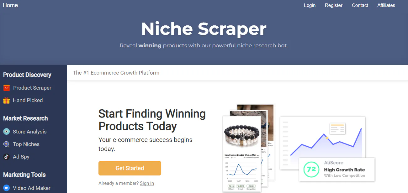 Niche Scraper dashboard screenshot with a sidebar menu and a call to action to find winning products