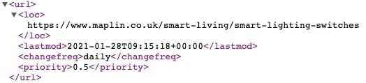 XML sitemap URL entry showing a page URL with last modified date, change frequency, and priority