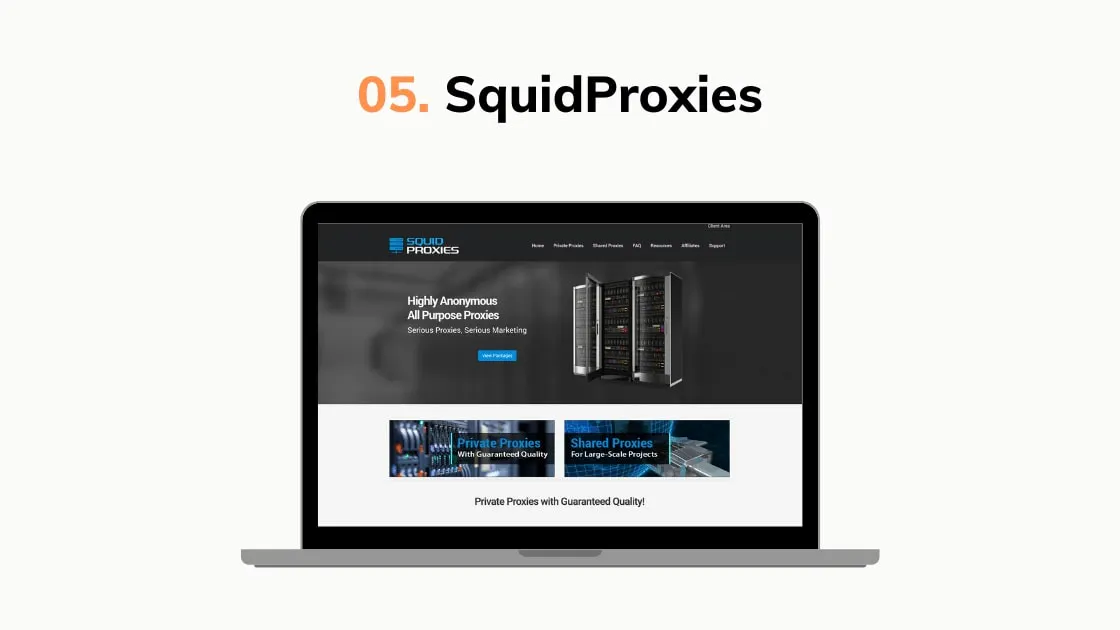 Graphic highlighting SquidProxies, showing a laptop mockup with a proxy provider offering private and shared proxies