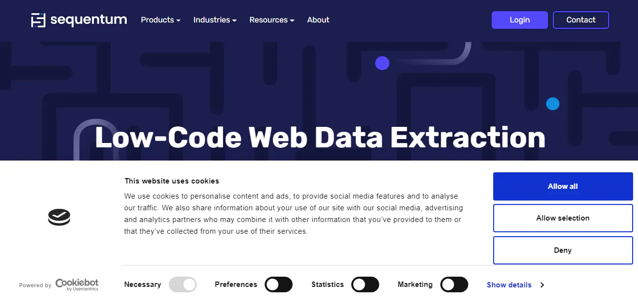Sequentum landing page screenshot with a headline about low-code web data extraction and a cookie consent dialog