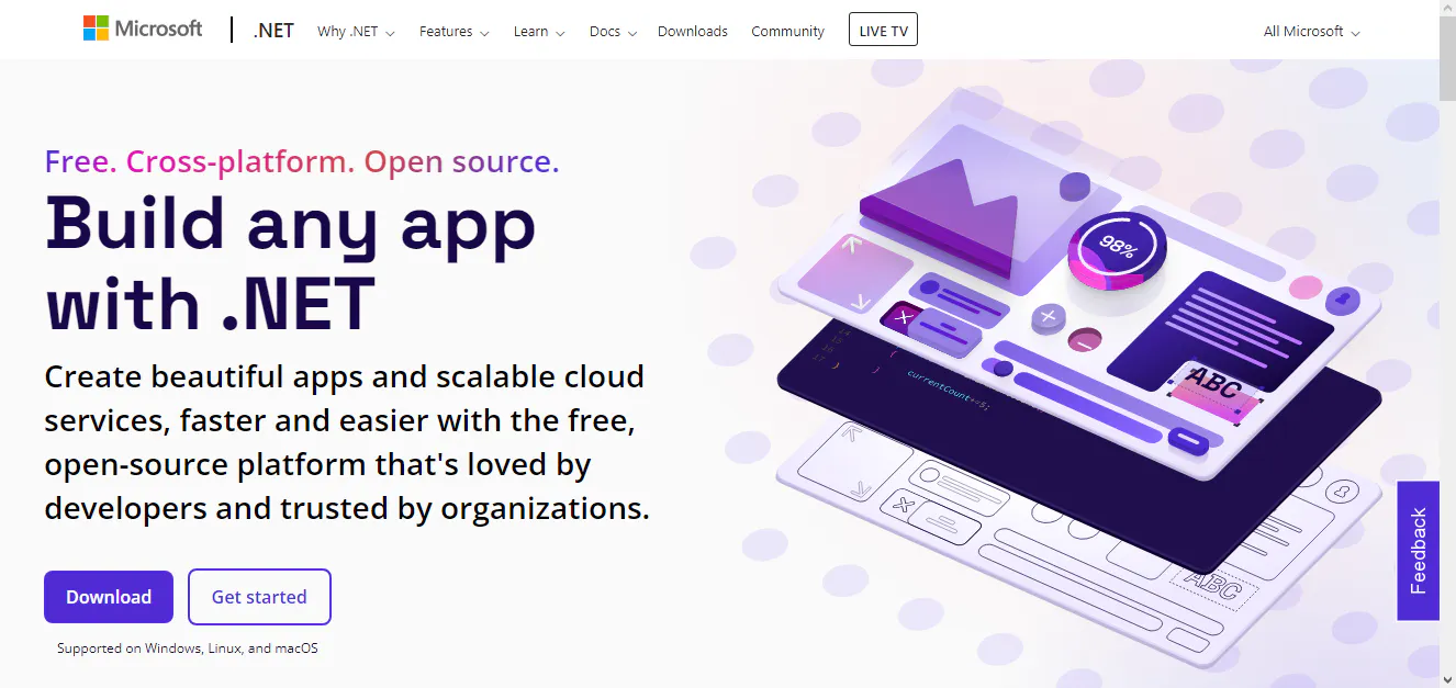 Microsoft .NET homepage hero promoting building cross-platform apps with purple illustrated UI cards