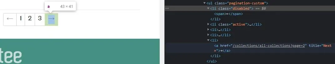 DevTools highlighting a pagination Next link element in the HTML