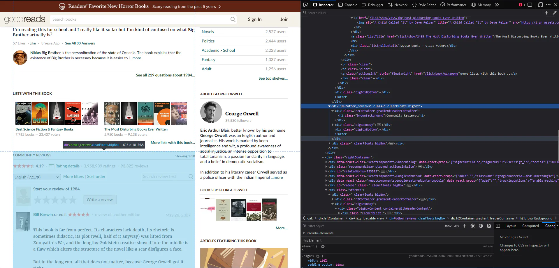 Goodreads book page with browser developer tools inspecting the community reviews section