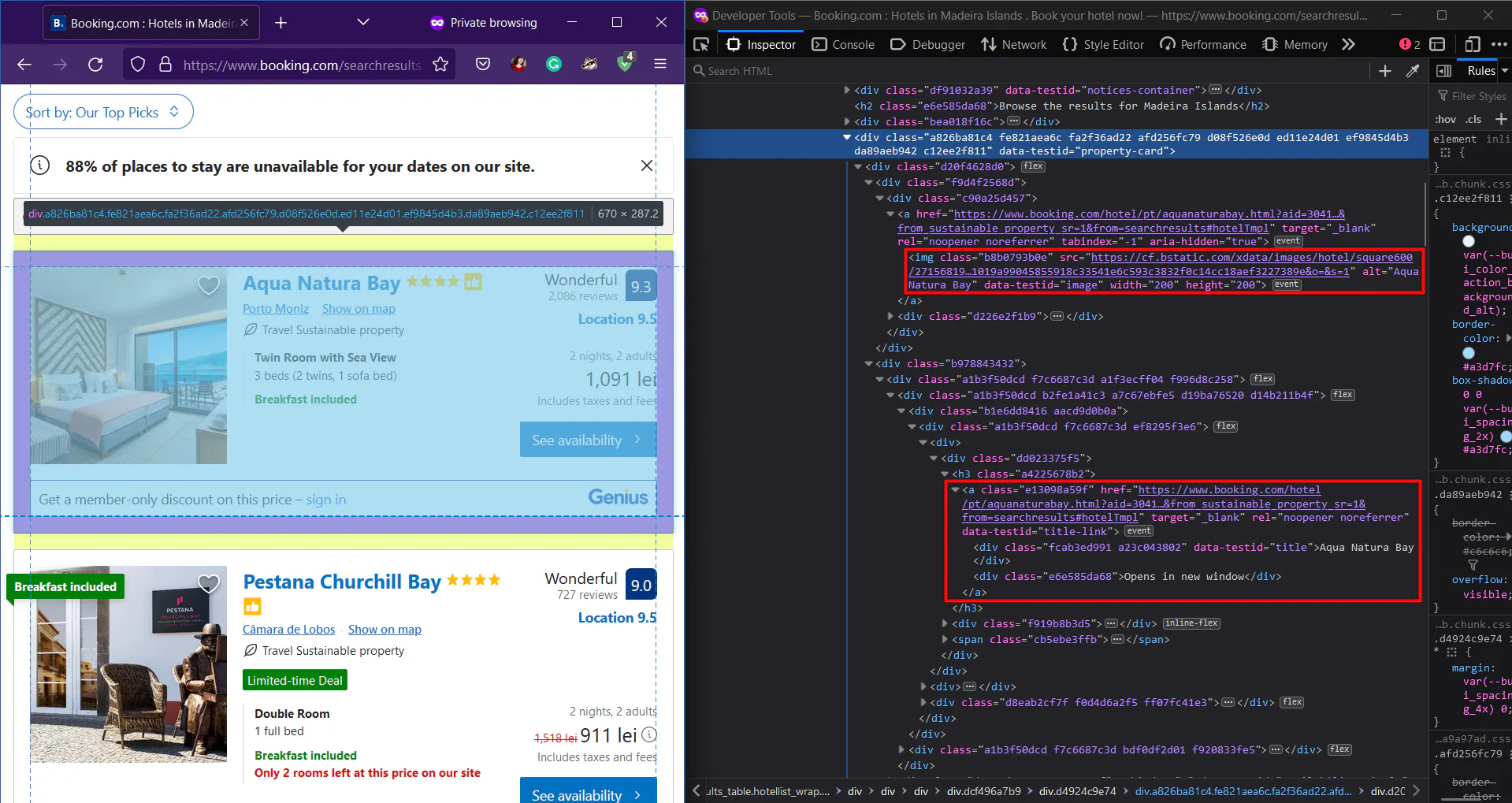 Booking.com hotel listing page with browser devtools highlighting HTML for the property title link and image